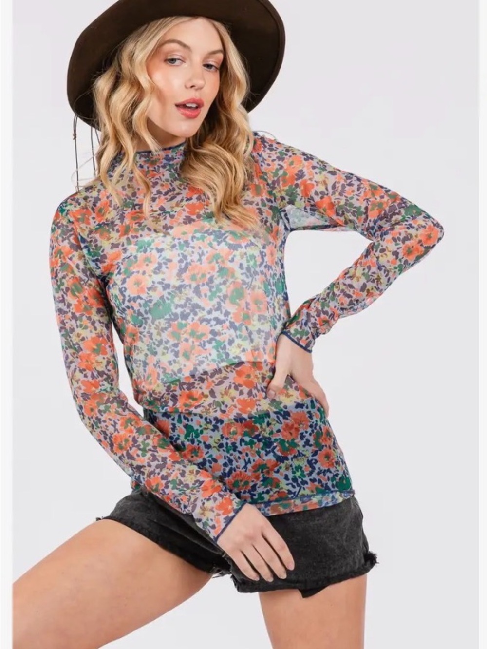 Sage + Fig Vintage-Inspired Orange & Blue Sheer Mesh Top